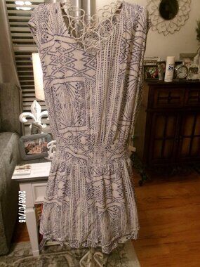 KORI American Womens Drop Waist Dress Cap Sleeve Cream/Blue Size Large
